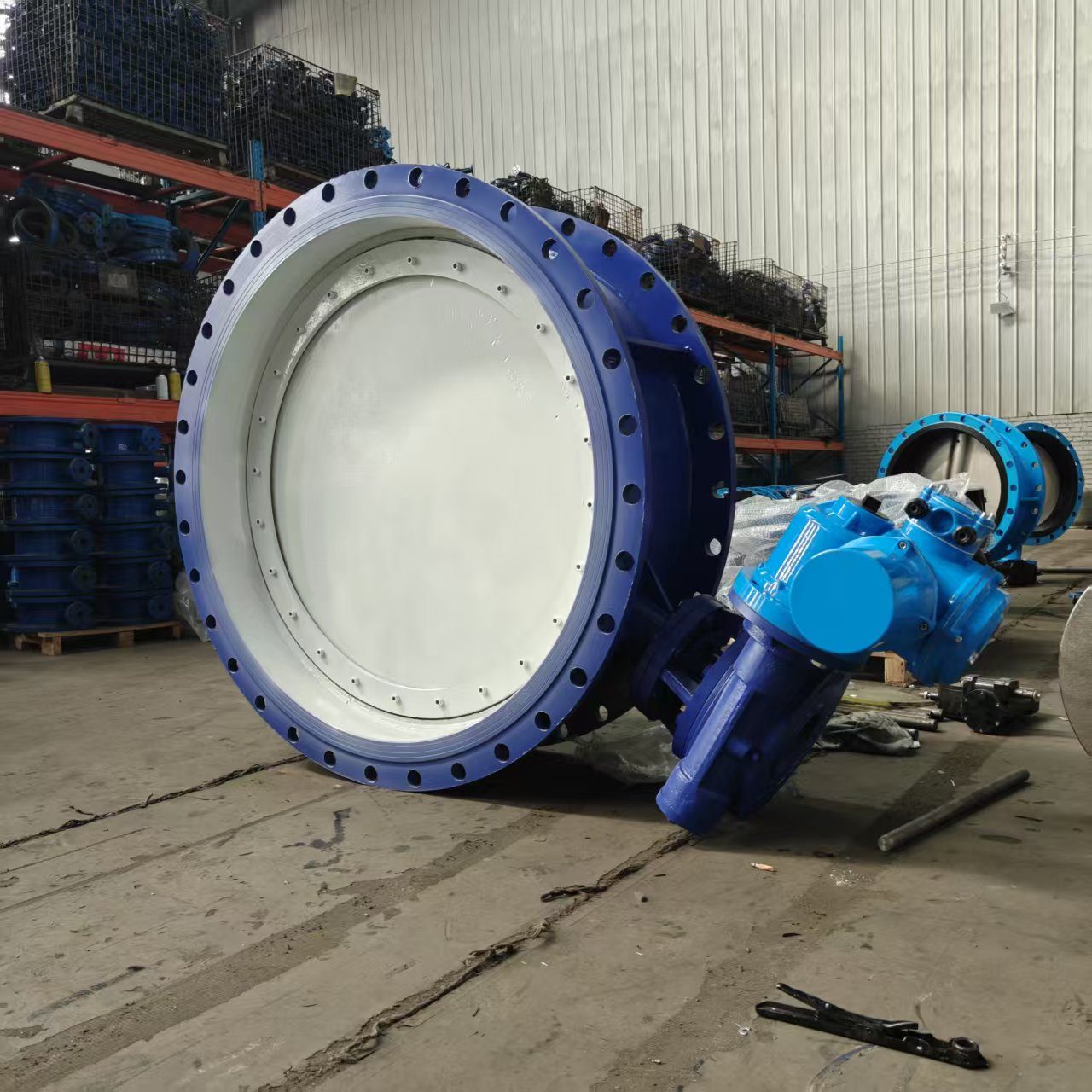 Side view of electric flanged butterfly valve in factory