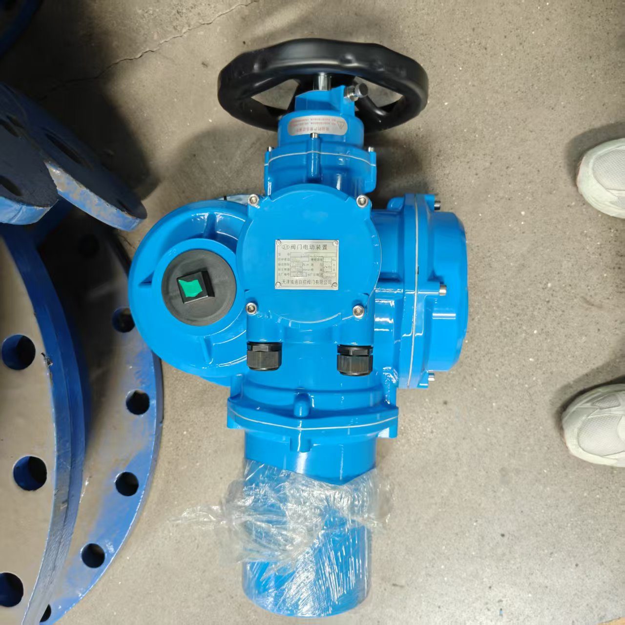 Close-up of electric actuator nameplate and controls