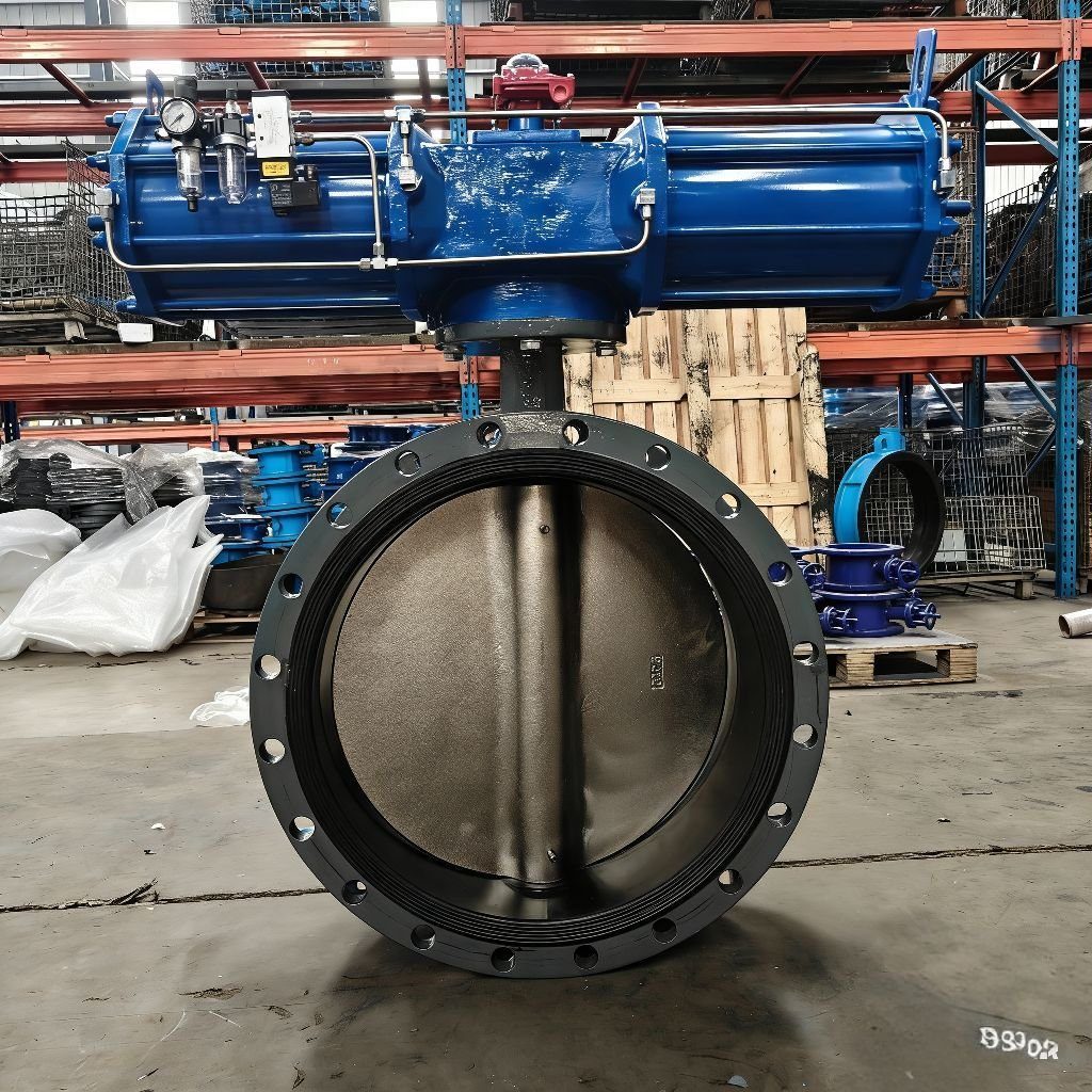 Pneumatic flanged butterfly valve DN600 PN10 with blue double-acting actuator &ndash; Reguvale factory
