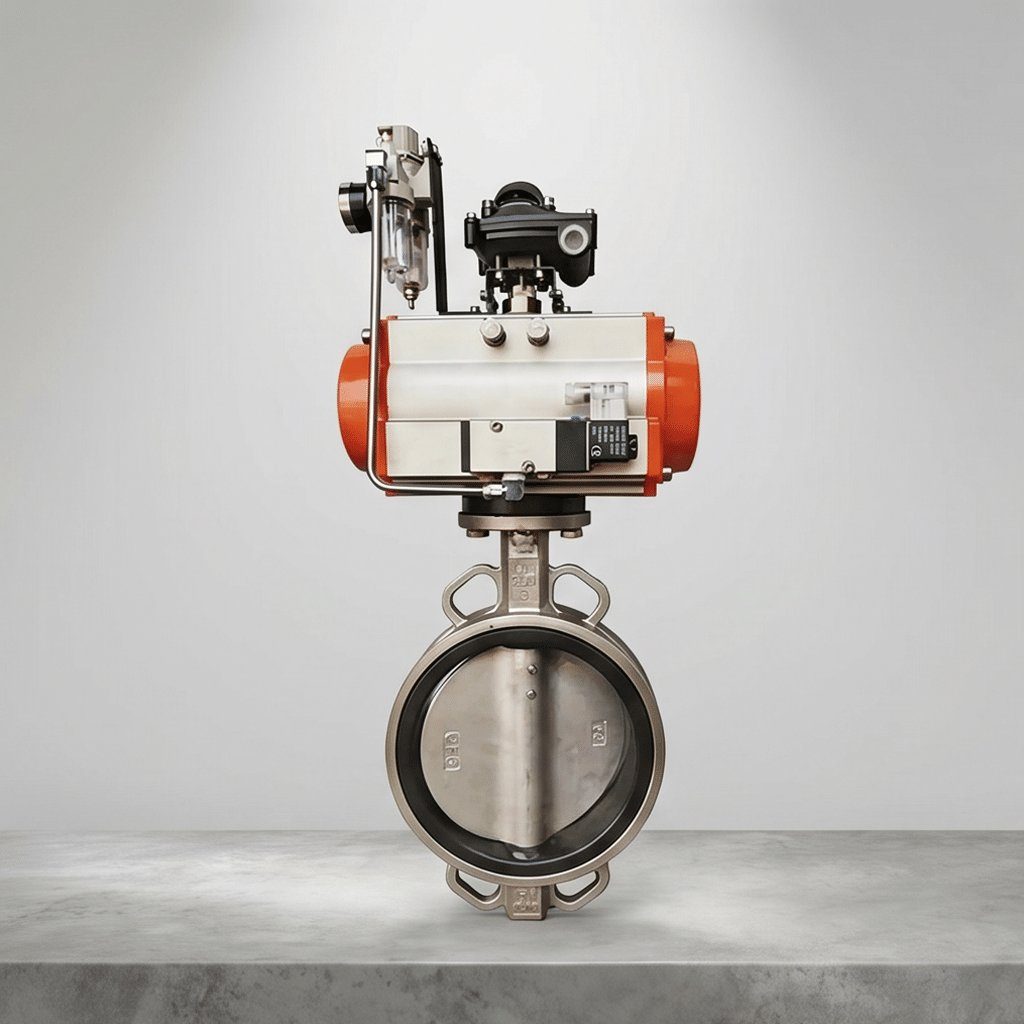 Front view of stainless steel pneumatic wafer butterfly valve